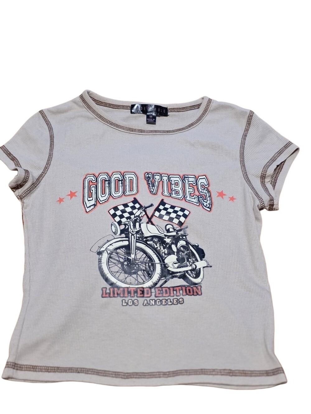 Faded Rose "Good Vibes" Biker Themed Graphic Cropped Ribbed T-Shirt Size M Tan
